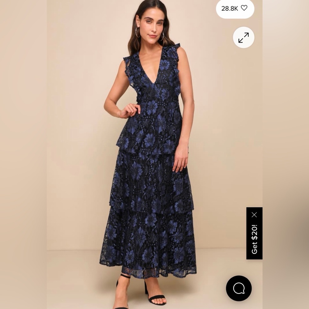 Lulus top rated Molinetto Navy Blue Lace Ruffled Tiered Maxi Dress, small